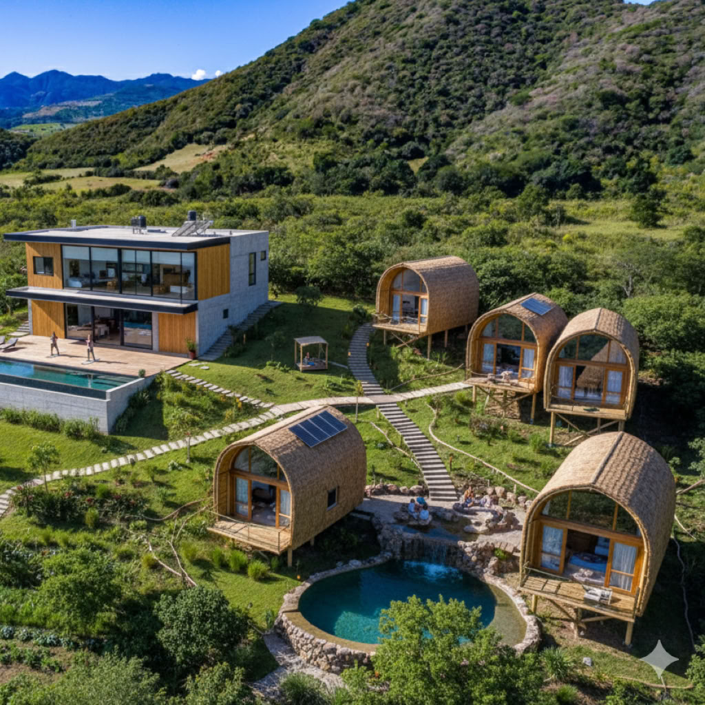 Conceptual visualization of an exclusive wellness boutique hotel or eco-lodge at The Little Gem, surrounded by the healing mountains of Mascota.