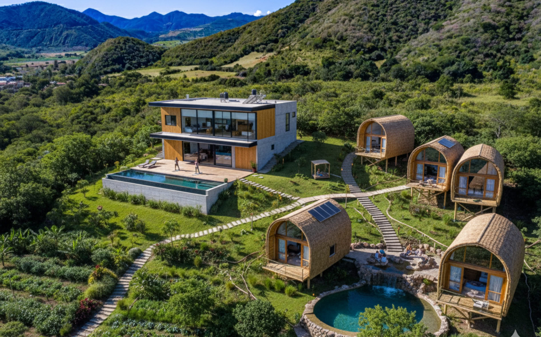 onceptual visualization of an exclusive wellness boutique hotel or eco-lodge at The Little Gem, surrounded by the healing mountains of Mascota.
