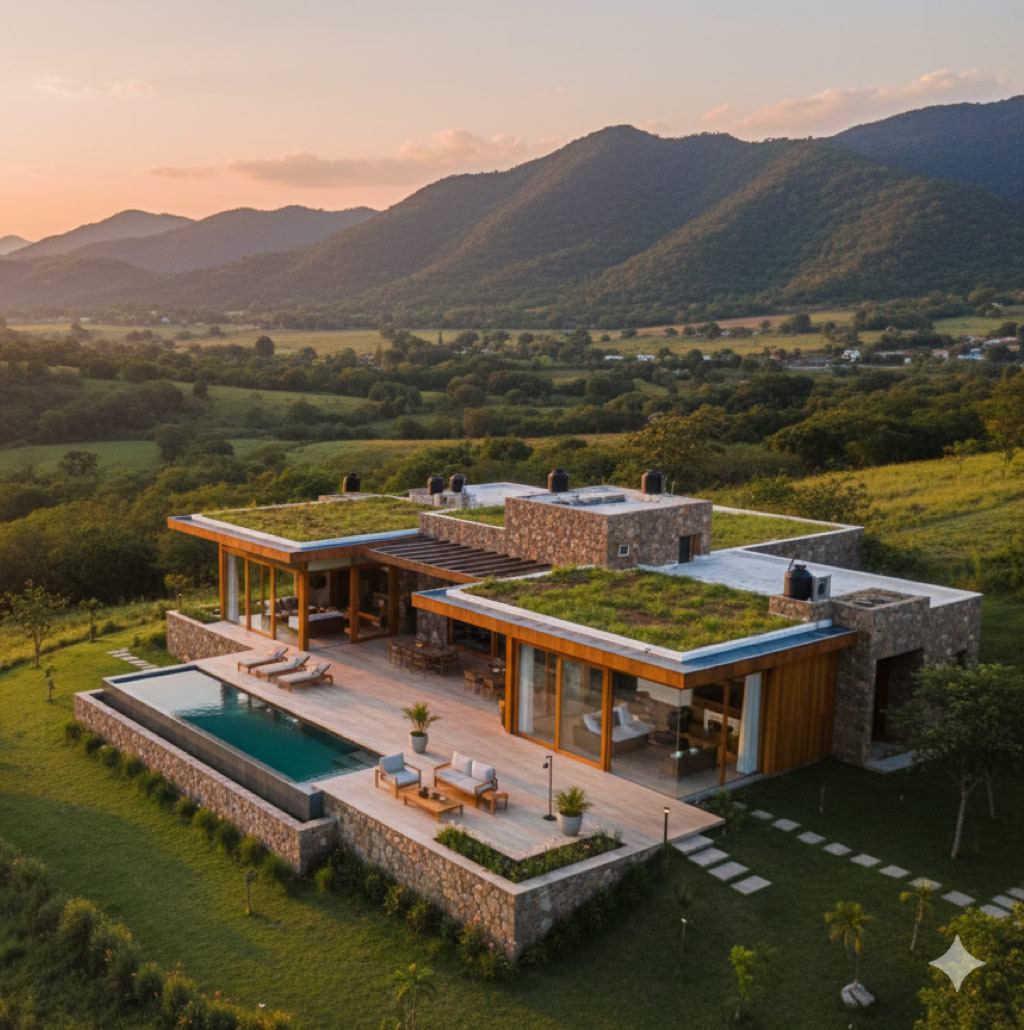 Modern eco-luxury villa design at The Little Gem in La Yerbabuena, featuring sustainable architecture and panoramic mountain views.
