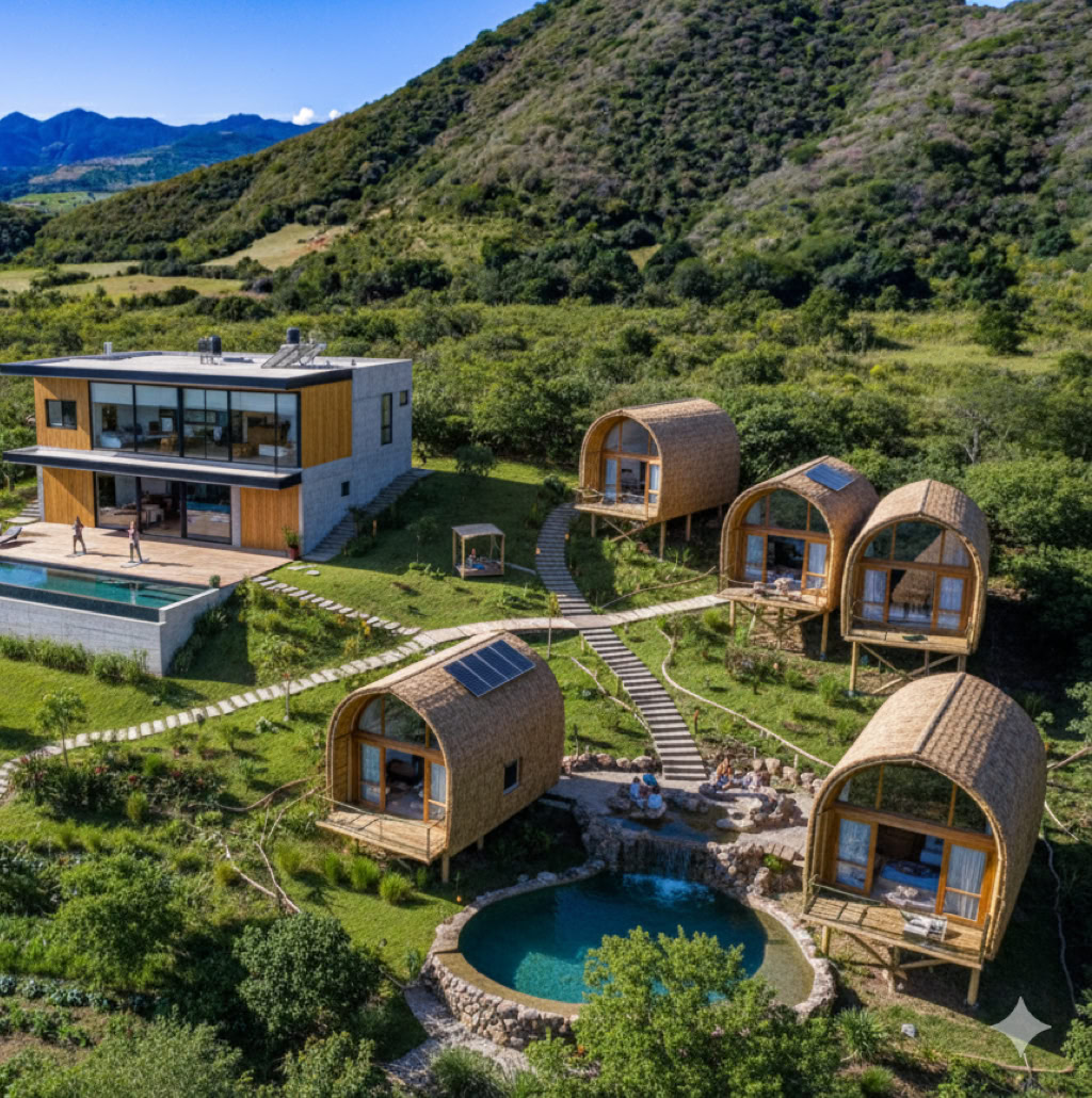 Conceptual visualization of an exclusive wellness boutique hotel or eco-lodge at The Little Gem, surrounded by the healing mountains of Mascota.