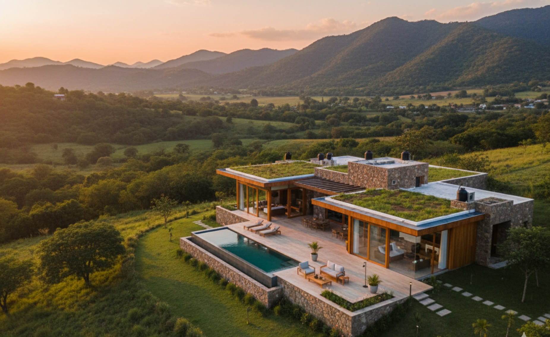 Modern eco-luxury boutique hotel architecture with 360-degree mountain views at The Little Gem, emphasizing a lifestyle of privacy and well-being.